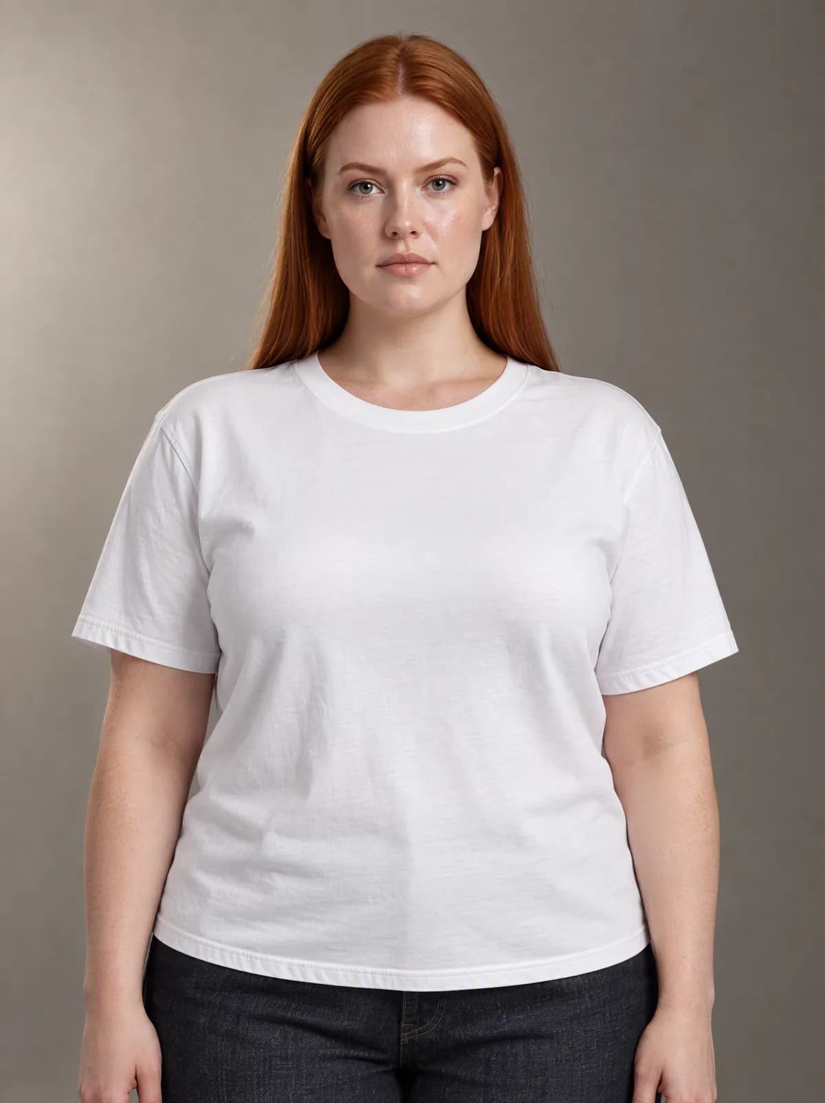 Hannah in the white T-shirt and dark jeans, against a warm grey studio backdrop