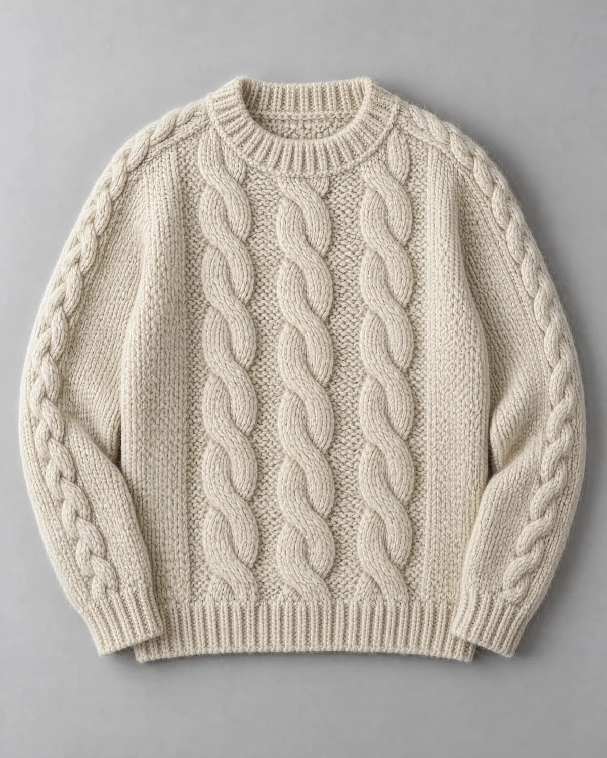 An ecru cable-knit fisherman sweater laid flat on a light grey background
