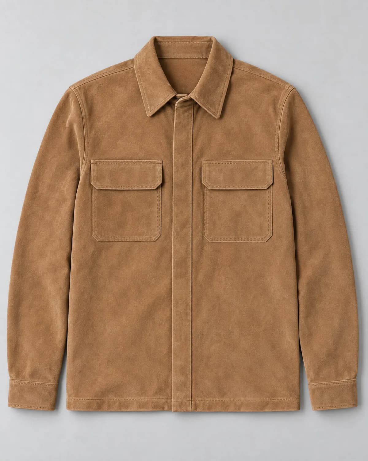 The flat-lay of the suede overshirt, the input of this look