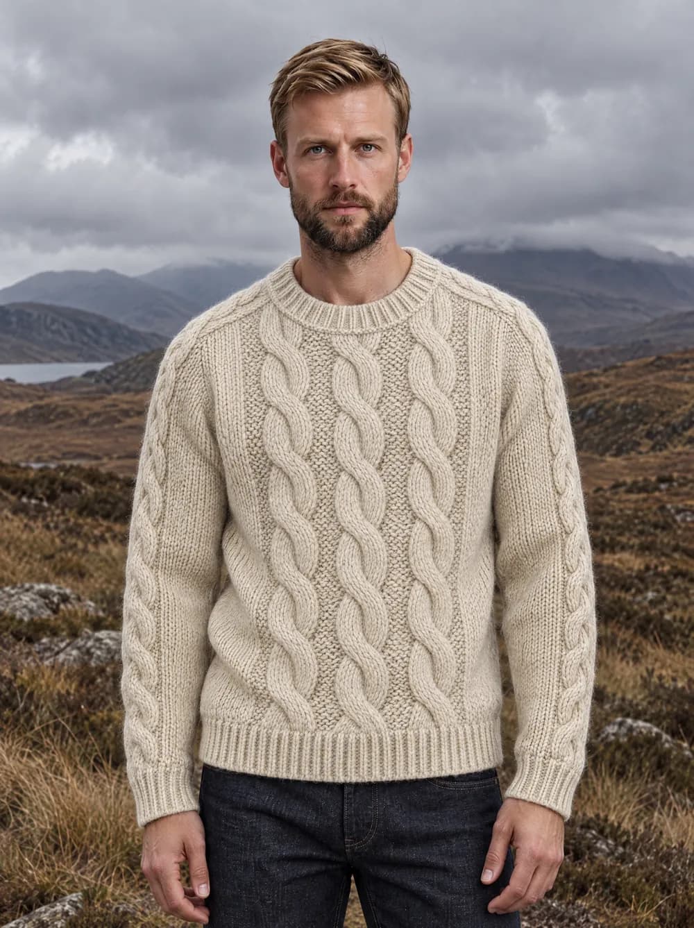 Pieter in an ecru fisherman sweater and dark jeans on a hill in the Scottish Highlands, under an overcast sky