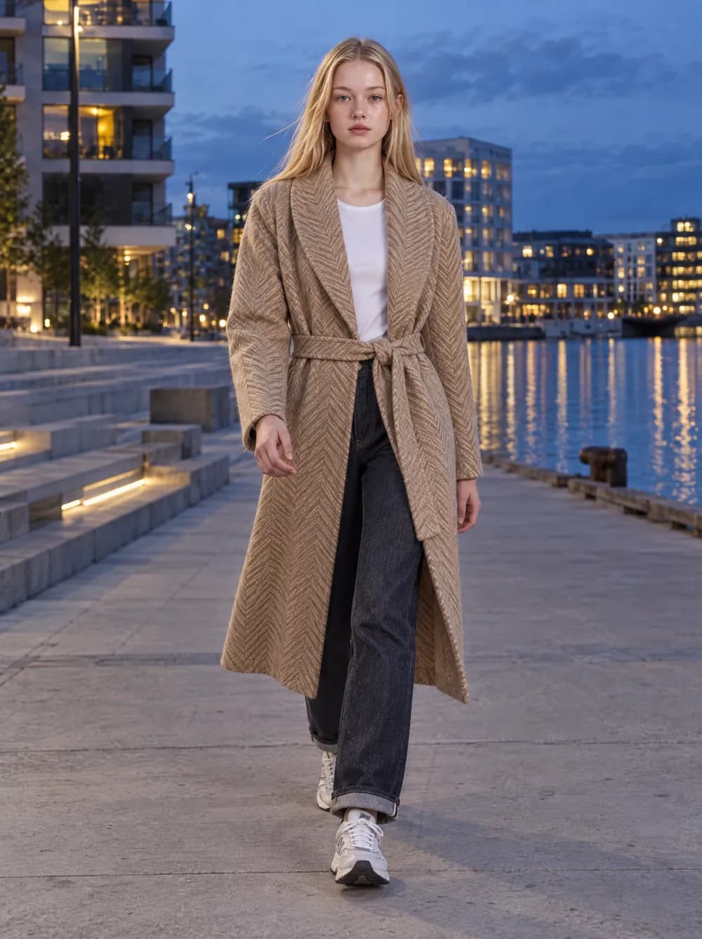 Freya in de visgraatmantel met een wit T-shirt en een donkere jeans aan het water in Kopenhagen, bij het blauwe uur