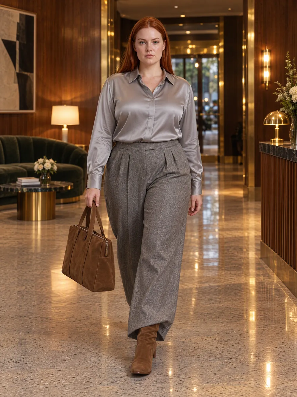 Hannah walks through a sixties hotel lobby in the silver-grey silk shirt and the wide flannel trousers, the suede weekend bag in her hand.