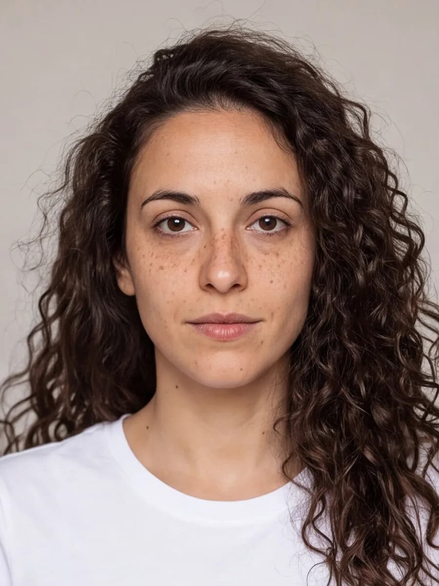 Portret van de gekozen vrouw met lange donkere krullen en sproeten, met een rustige blik, in een wit T-shirt