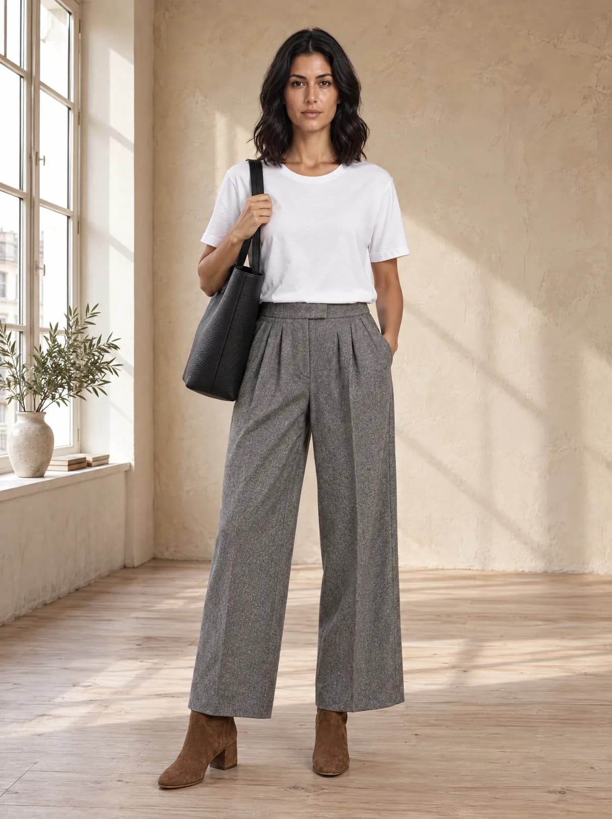 Marta with the black leather tote on her shoulder, in a white T-shirt and grey flannel trousers, in front of a limewash wall with window light