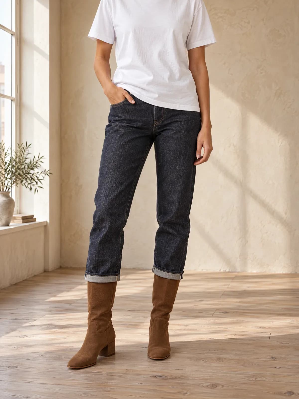 The straight dark jeans with turned-up hems, worn with a white T-shirt and suede boots, in front of a limewash wall with window light