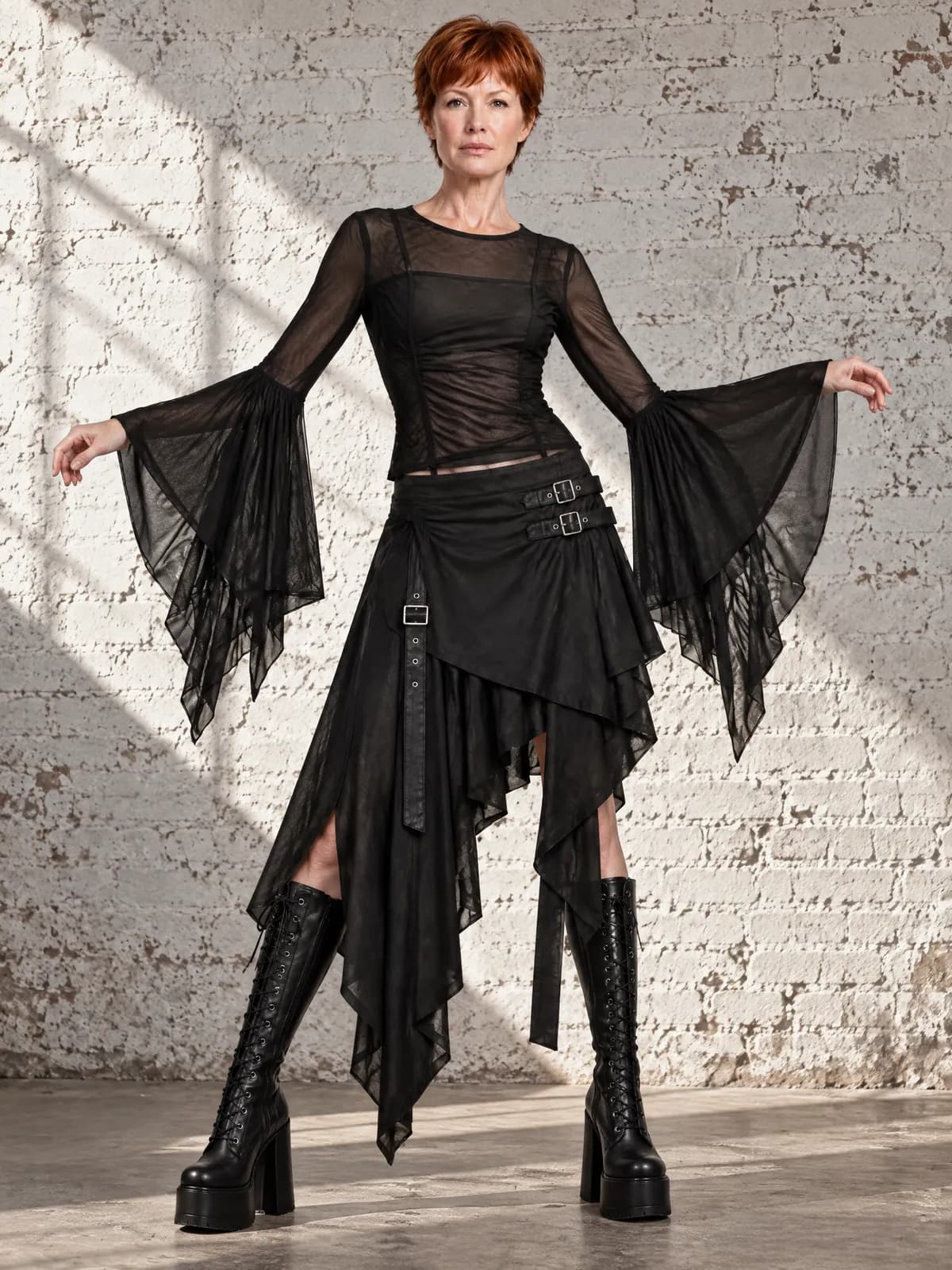 Claire in an avant-garde black outfit with wide bell sleeves, an asymmetric skirt and platform boots, before a white brick wall.