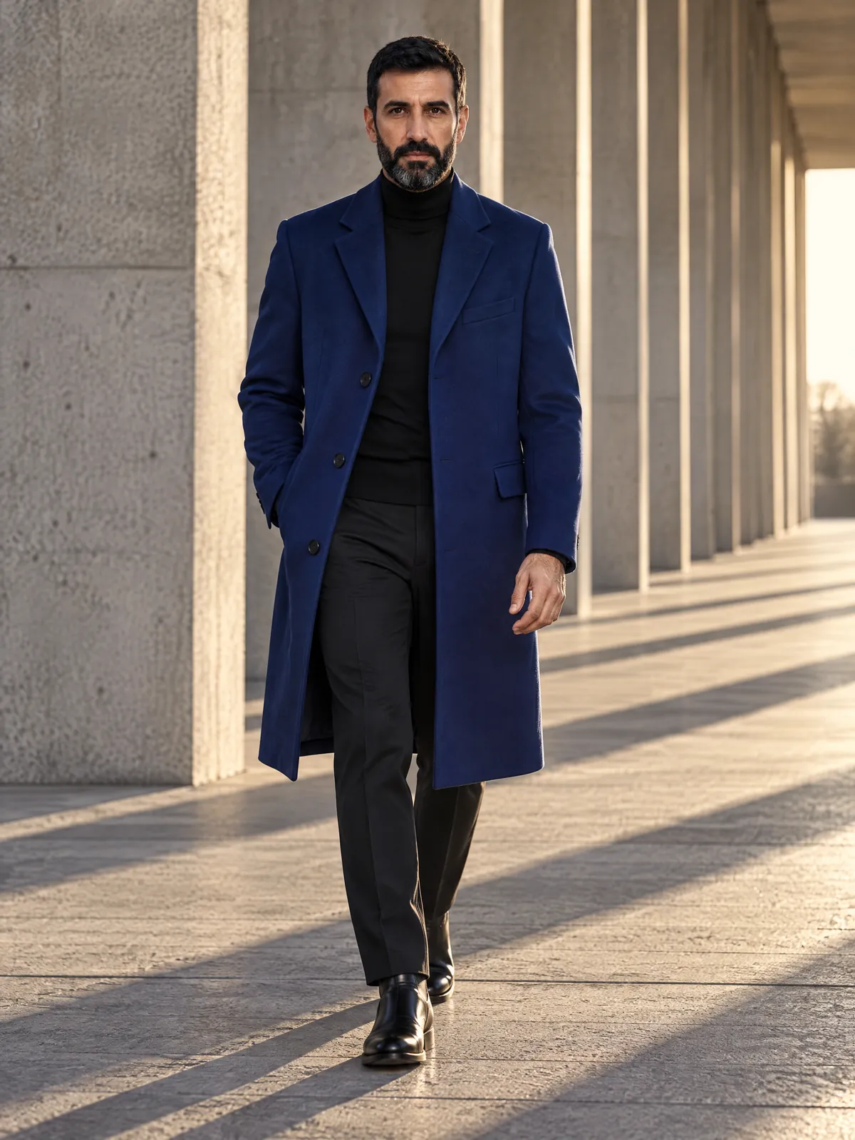 Javier walks through a concrete colonnade in a cobalt wool coat, in low sun.