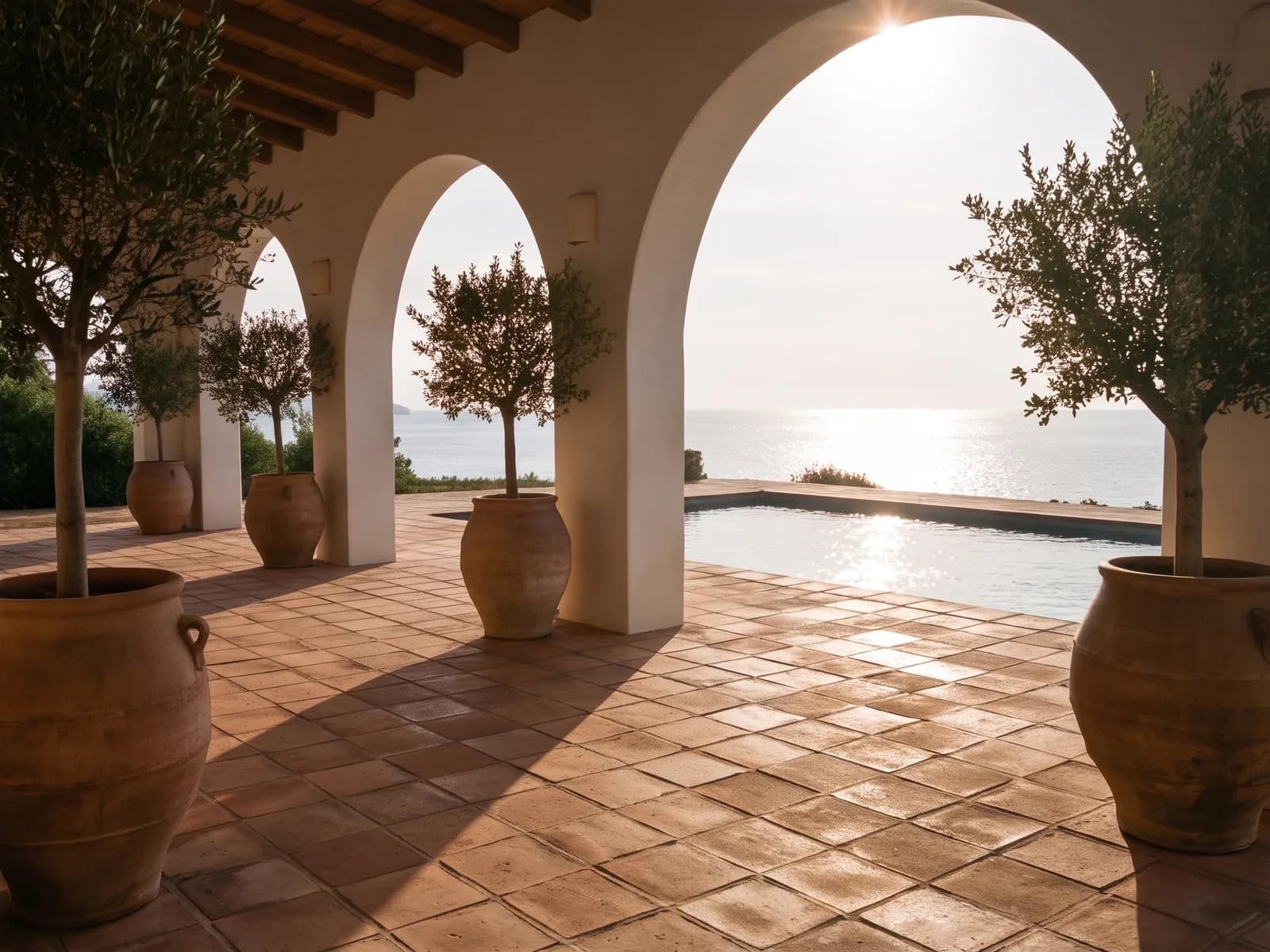 De gekozen villa: witte bogen onder een houten balkenplafond, terracotta tegels, olijfbomen in grote potten, een zwembad en de zee in laag avondlicht