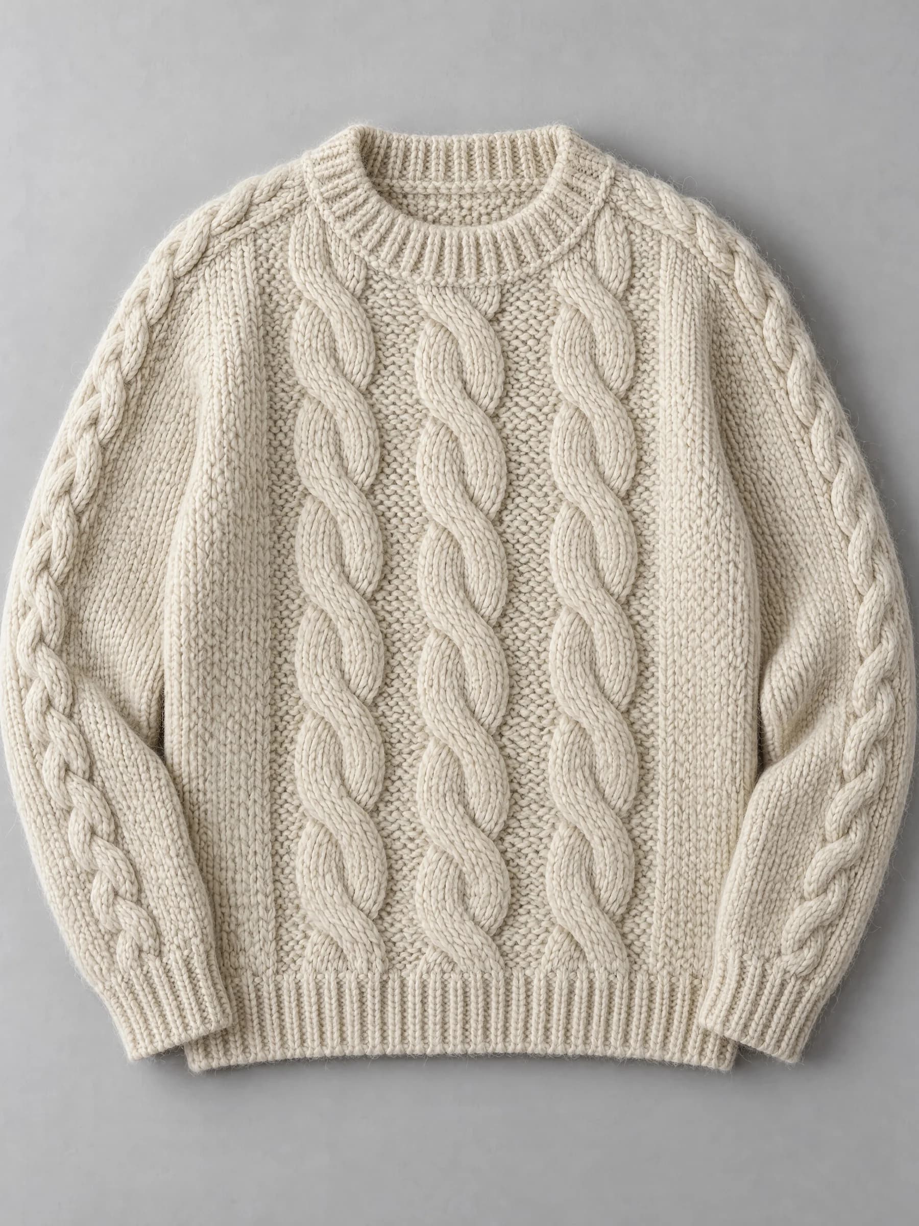 The cream fisherman sweater laid flat, from the front