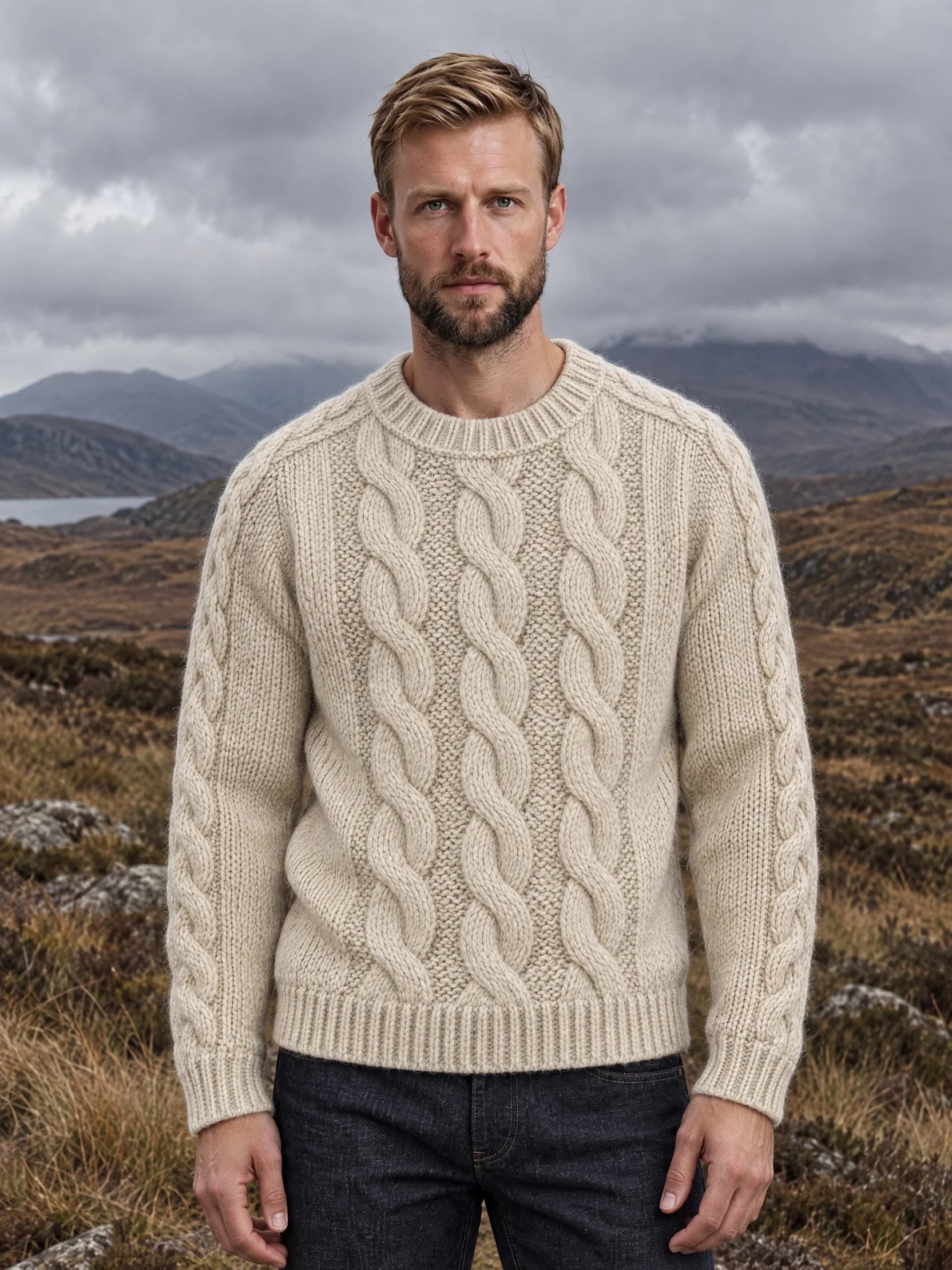 Pieter in the cream cable-knit fisherman sweater and dark jeans, in the Scottish Highlands under an overcast sky