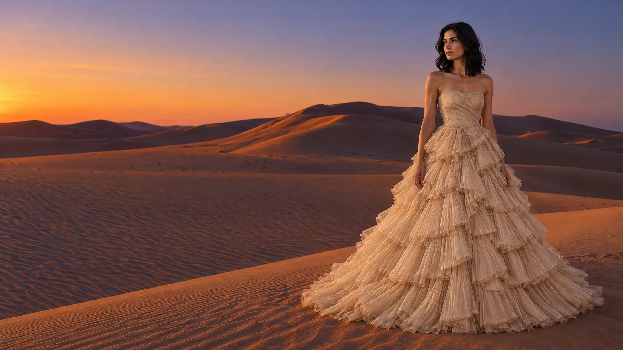 Marta on a dune ridge in the Sahara just after sunset, in a champagne tulle ball gown with tiered ruffles, under an amber and violet sky.