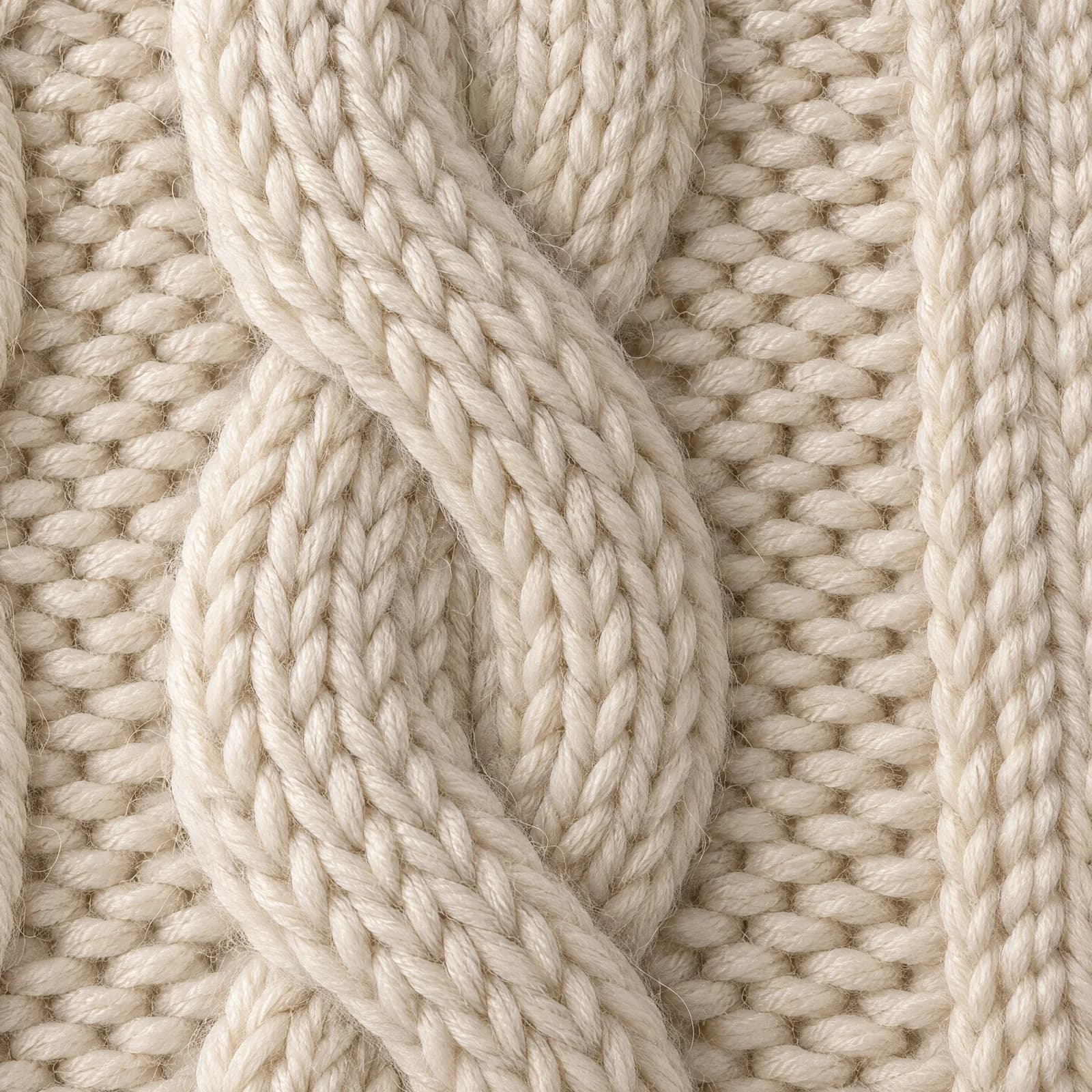 Close-up van een kabelsteek in ecru wol