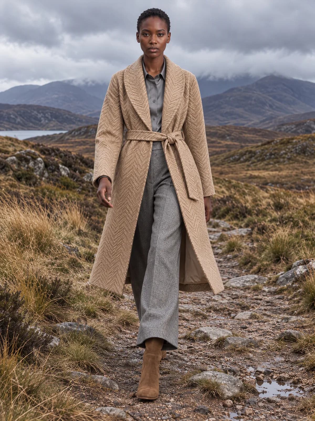 Zola walks along a heather path in the Scottish Highlands in the herringbone coat, wide grey trousers and suede boots.