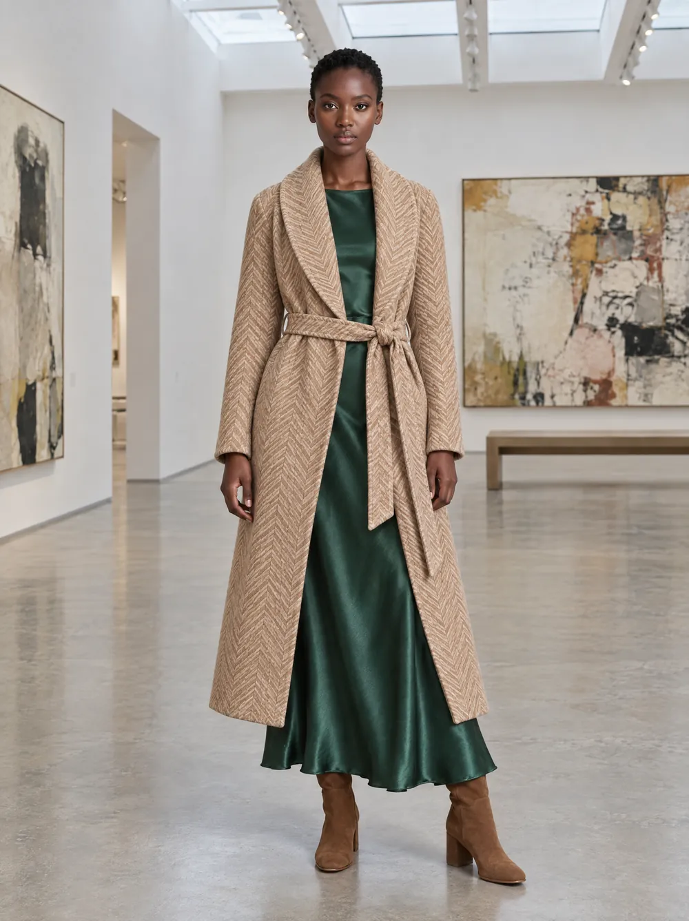 Zola in een camelkleurige visgraatmantel over een groene satijnen jurk, met suède laarzen, in een witte kunstgalerie