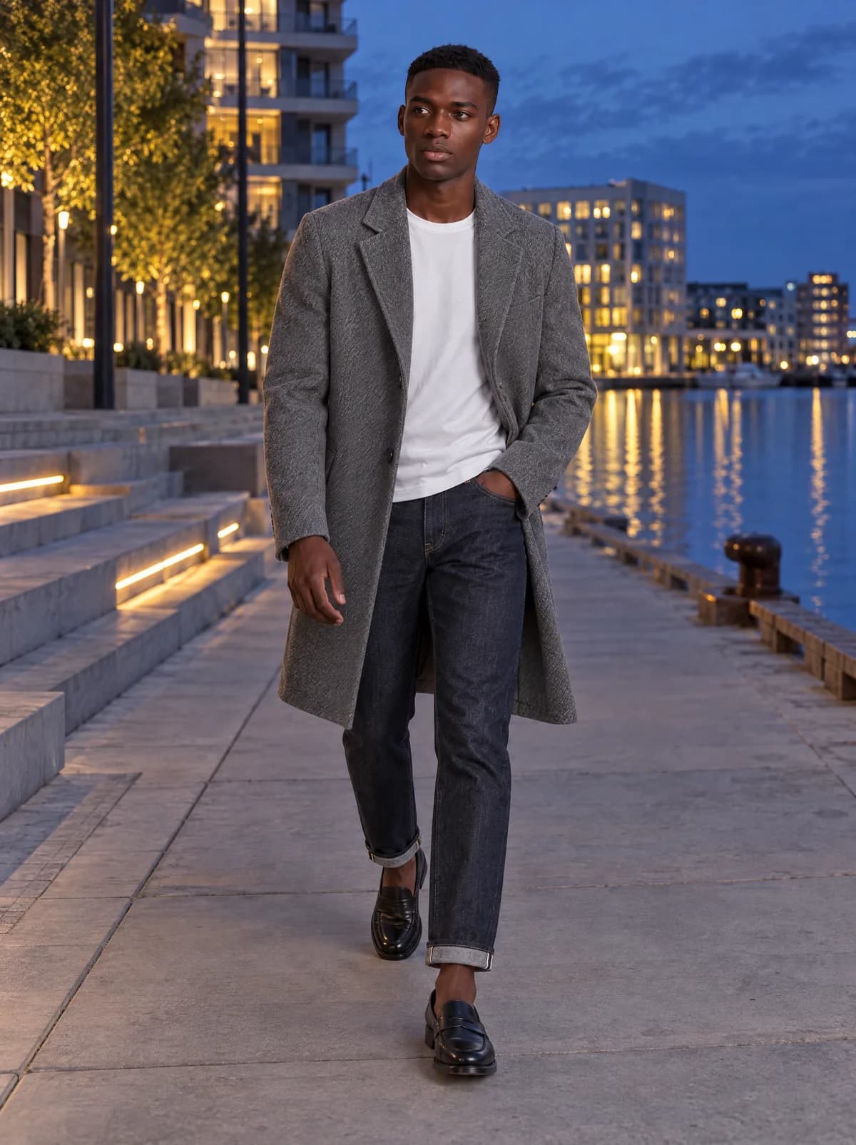Mike walks along the Copenhagen waterfront at blue hour in the grey double-faced overcoat over a white T-shirt, with jeans and black loafers.