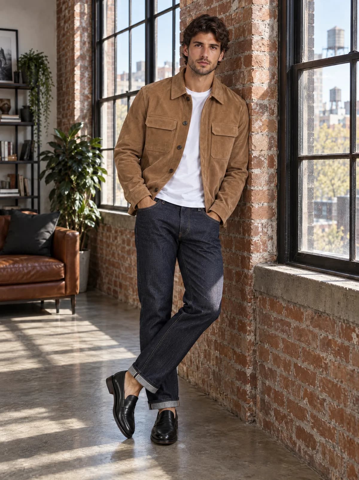 Luca leunt tegen een bakstenen muur in een industriële loft, in het suède overhemd over een wit T-shirt, met jeans en zwarte instappers.