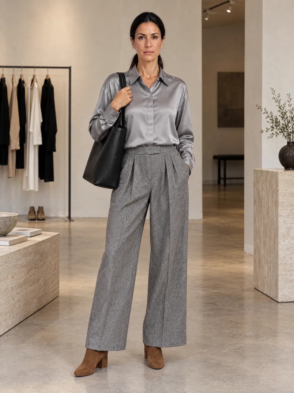 Elena in een zijden overhemd, een wijde flanellen pantalon en suède laarzen, met een leren shopper, in een lichte conceptstore