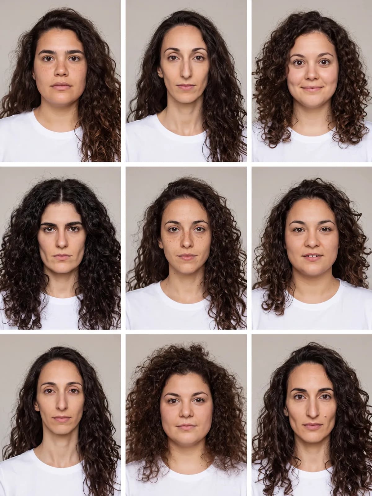 Negen portretten van verschillende vrouwen met een olijfkleurige huid en lange donkerbruine krullen, in een wit T-shirt tegen een warmgrijze achtergrond, in drie rijen van drie