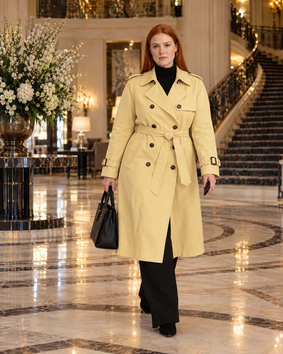 Hannah walks through a hotel lobby in a belted butter-yellow trench coat over a black roll-neck, with a black leather bag.