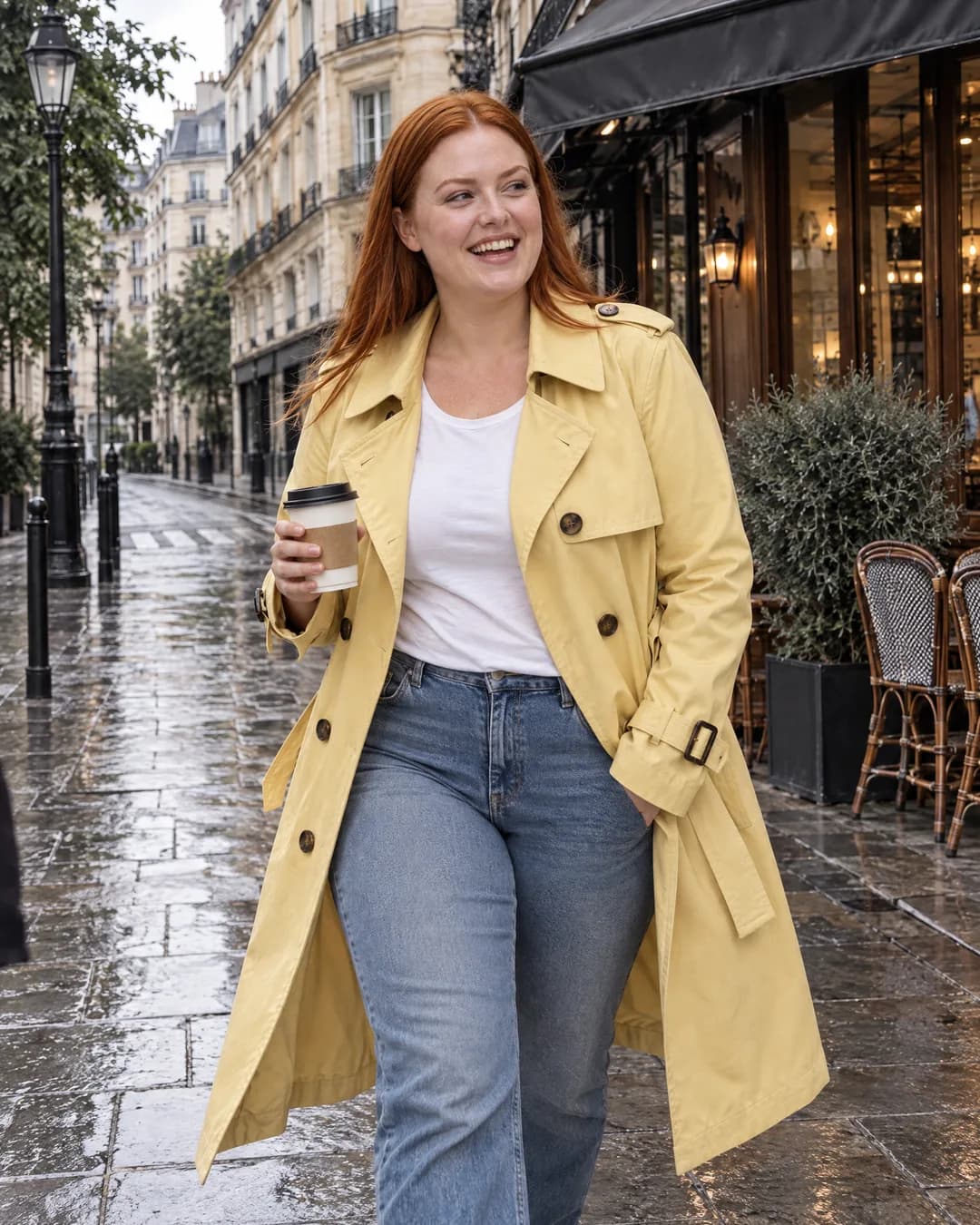 Hannah walks laughing down a Parisian street in an open butter-yellow trench coat, a coffee cup in her hand.