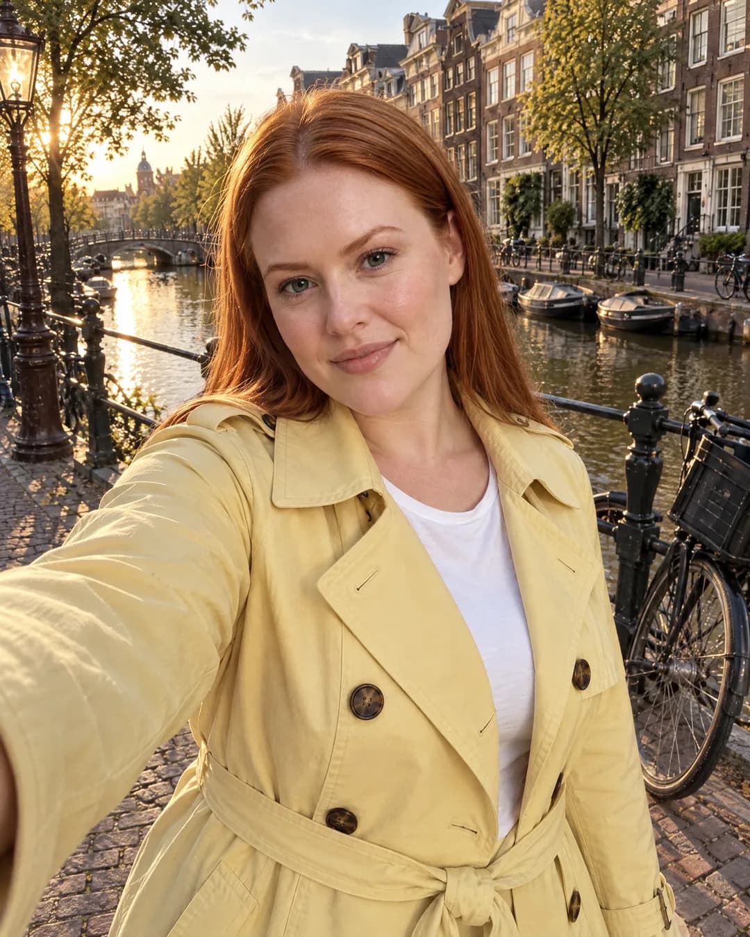 Selfie of Hannah on an Amsterdam canal, in an open butter-yellow trench coat over a white T-shirt.