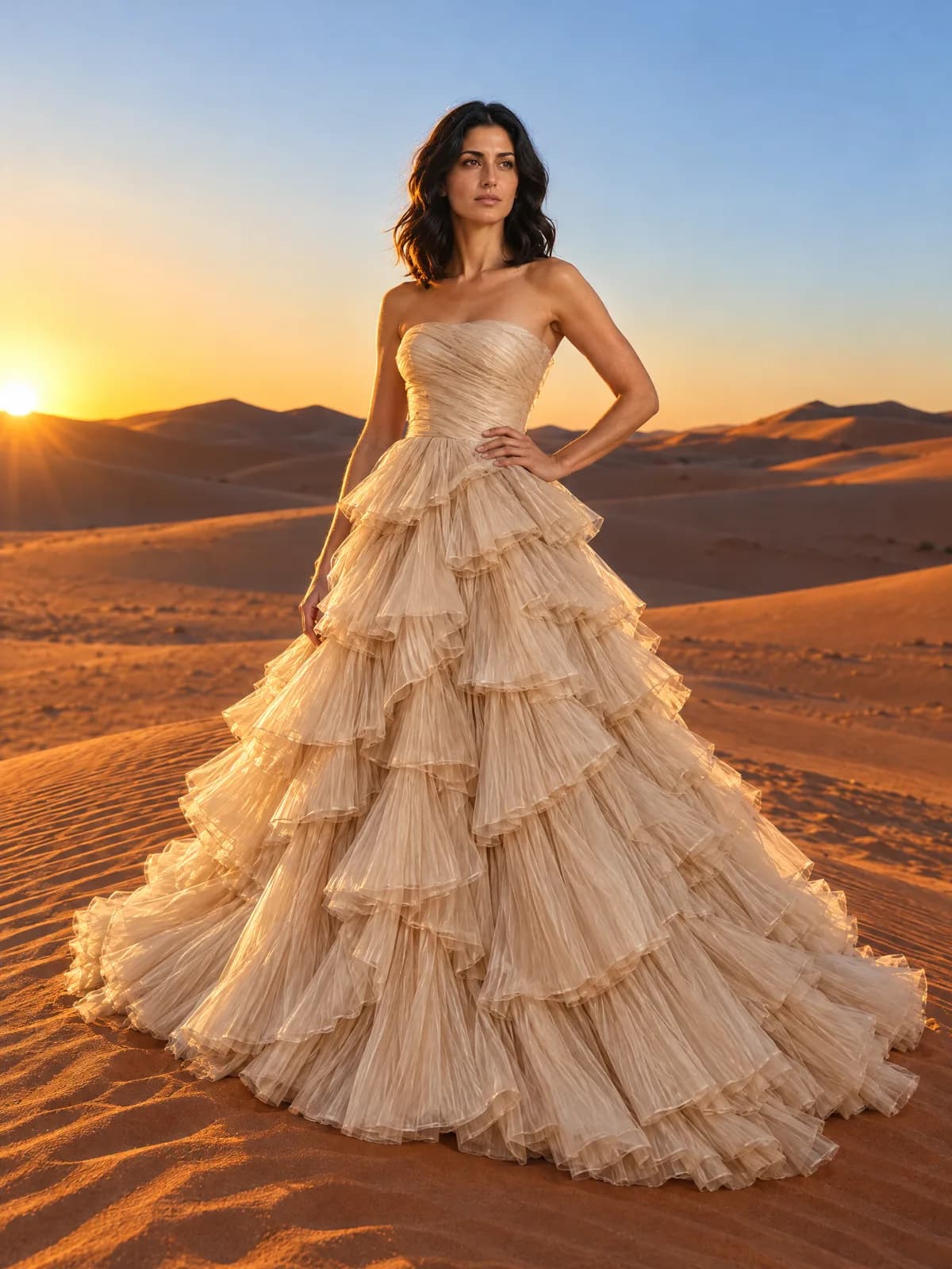 Marta on the crest of a sand dune in a champagne tulle ball gown with tiered ruffles, in low golden side light.