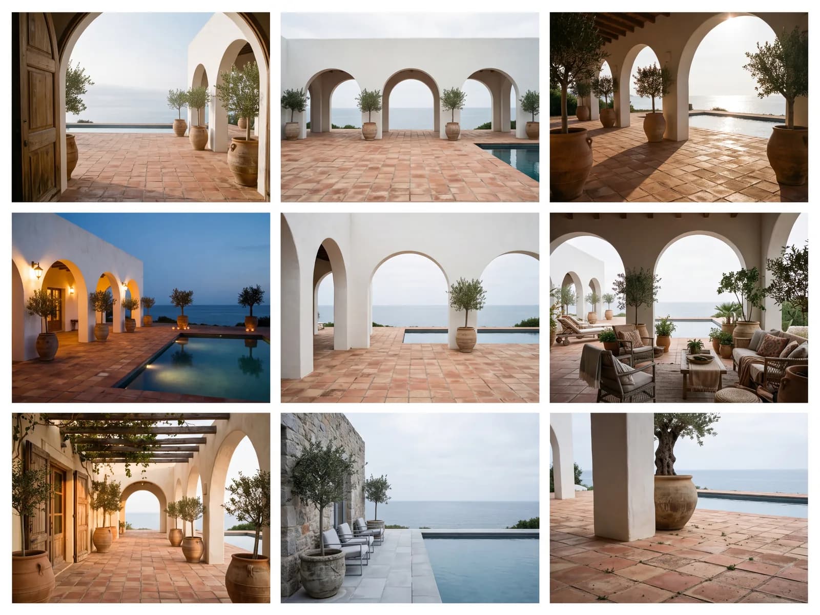 Negen versies van een Mediterrane villa aan zee met witte bogen, terracotta tegels, olijfbomen in grote potten en een zwembad, van ochtendlicht en avondzon tot de blauwe avond, in drie rijen van drie