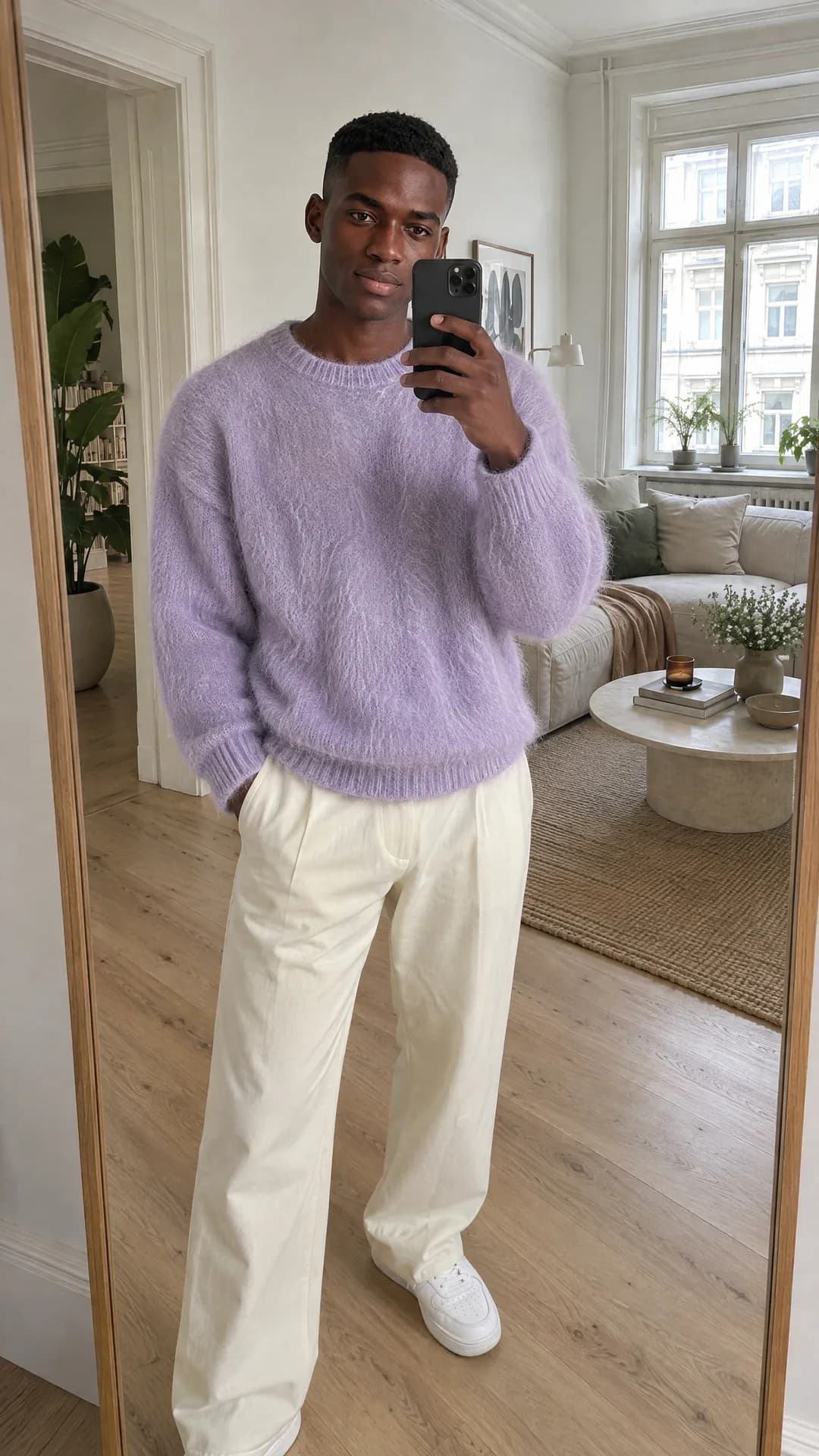 Mirror selfie of Mike in a light living room, in a lilac mohair sweater, cream trousers and white sneakers.