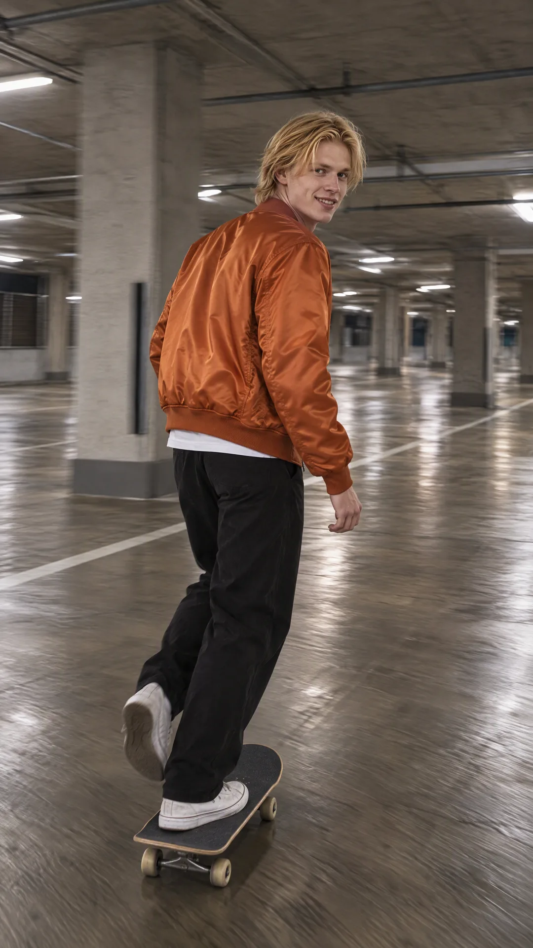Oscar rides a skateboard between the concrete pillars of a parking garage, grinning over his shoulder, in an orange satin bomber jacket.